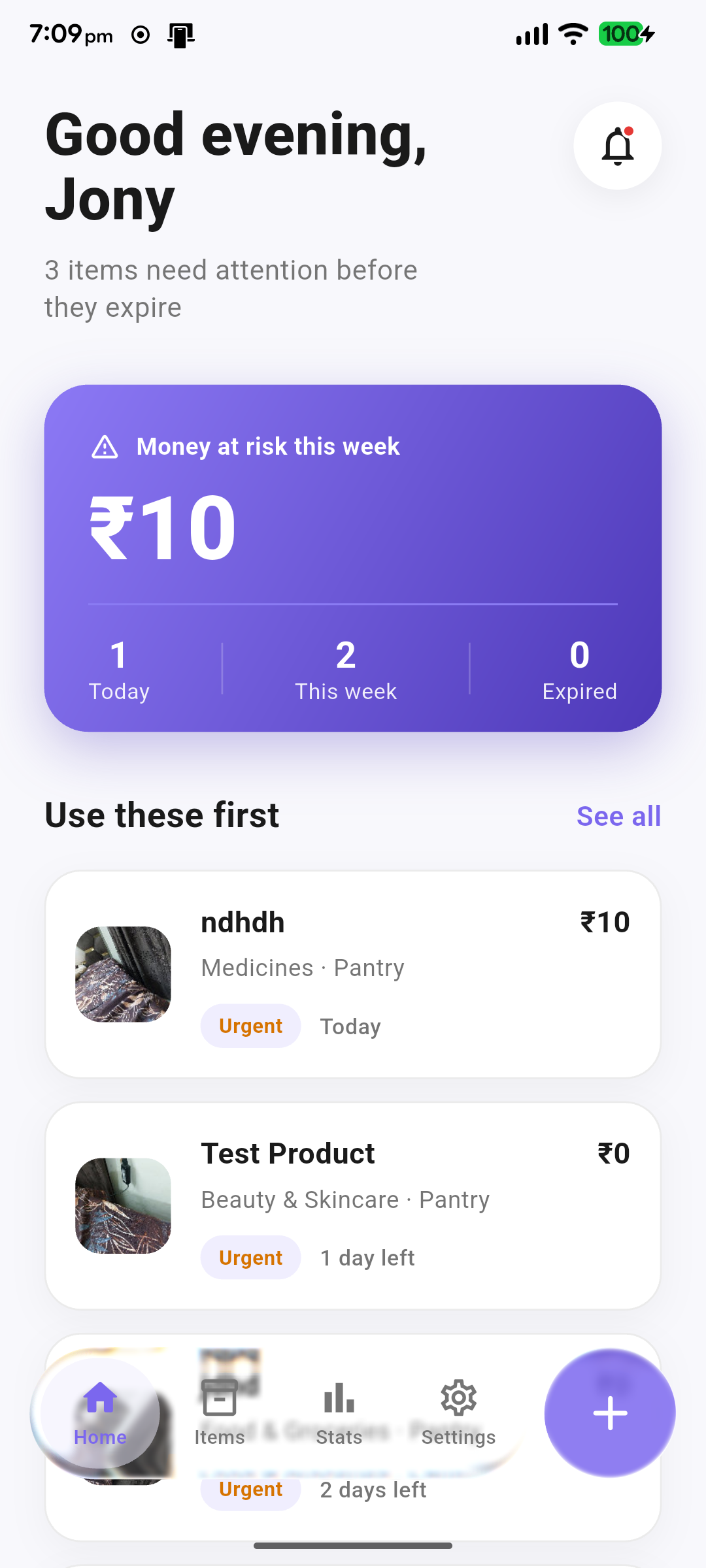Use Before home screen showing expiry alerts and money at risk dashboard