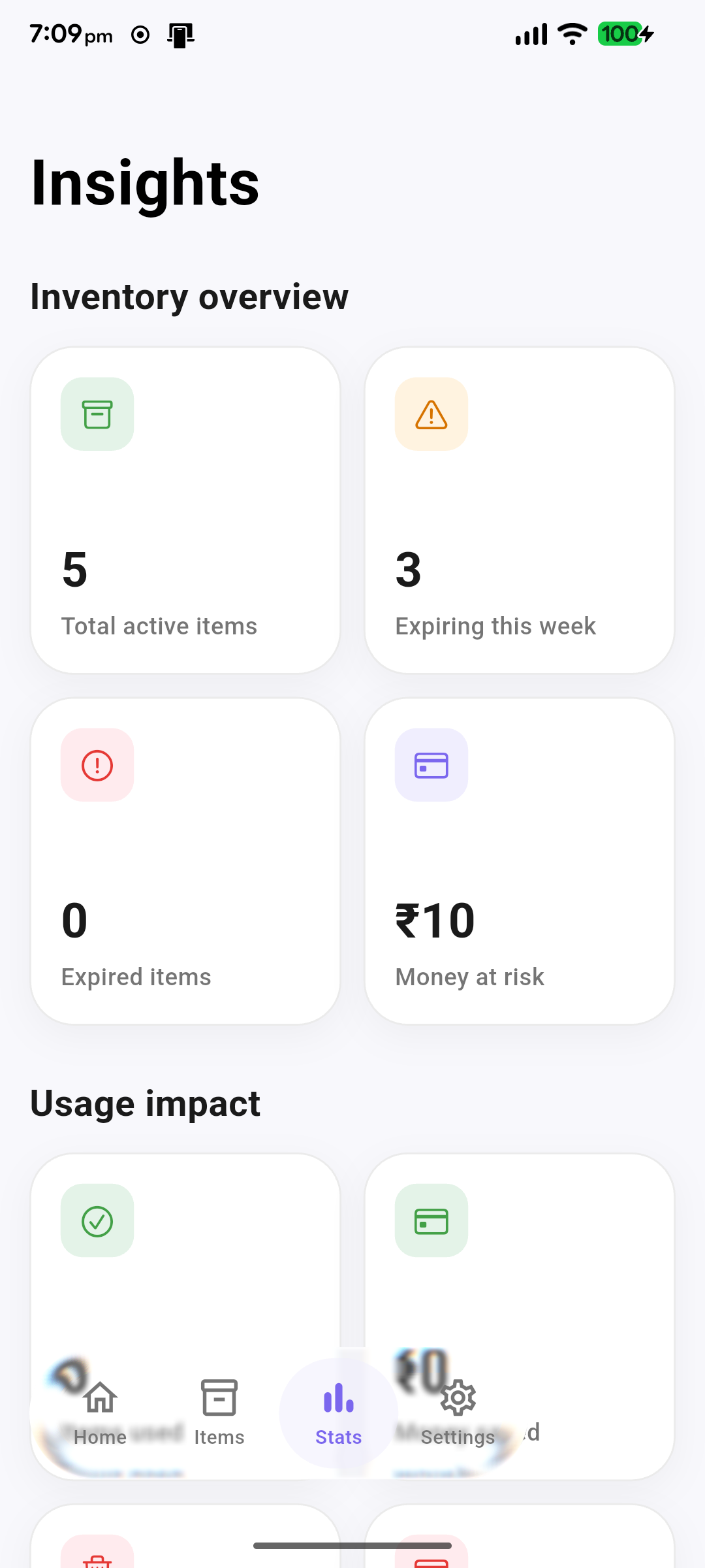 Use Before insights screen showing inventory overview stats