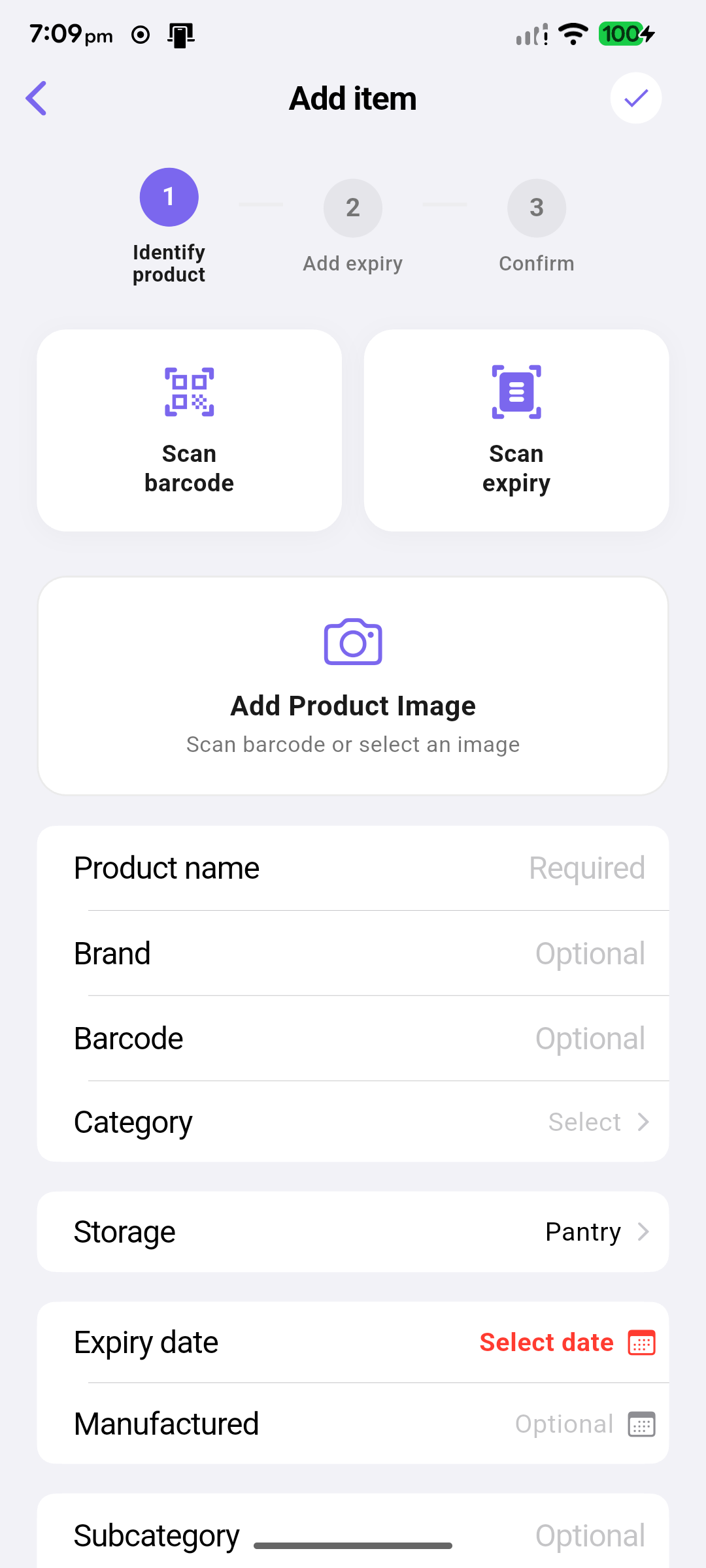 Use Before add item screen with scan barcode and scan expiry options
